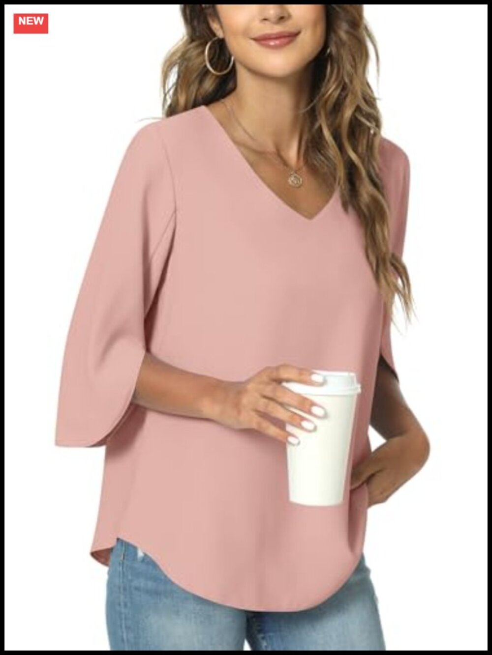 Womens Chiffon Tunic Top 3/4 Sleeve V-Neck Dressy Casual Work Blouse